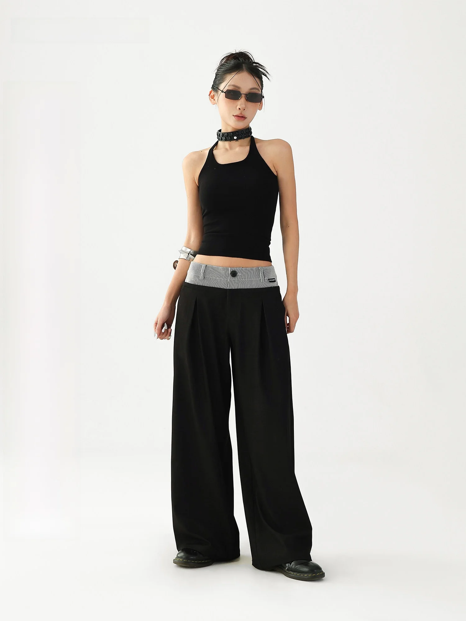 

Брюки AceStudios с высокой талией и широкими штанинами, повседневные, с двойной линией талии, имитация двухслойности, струящиеся, для офиса, из смесового хлопка и полиэстера