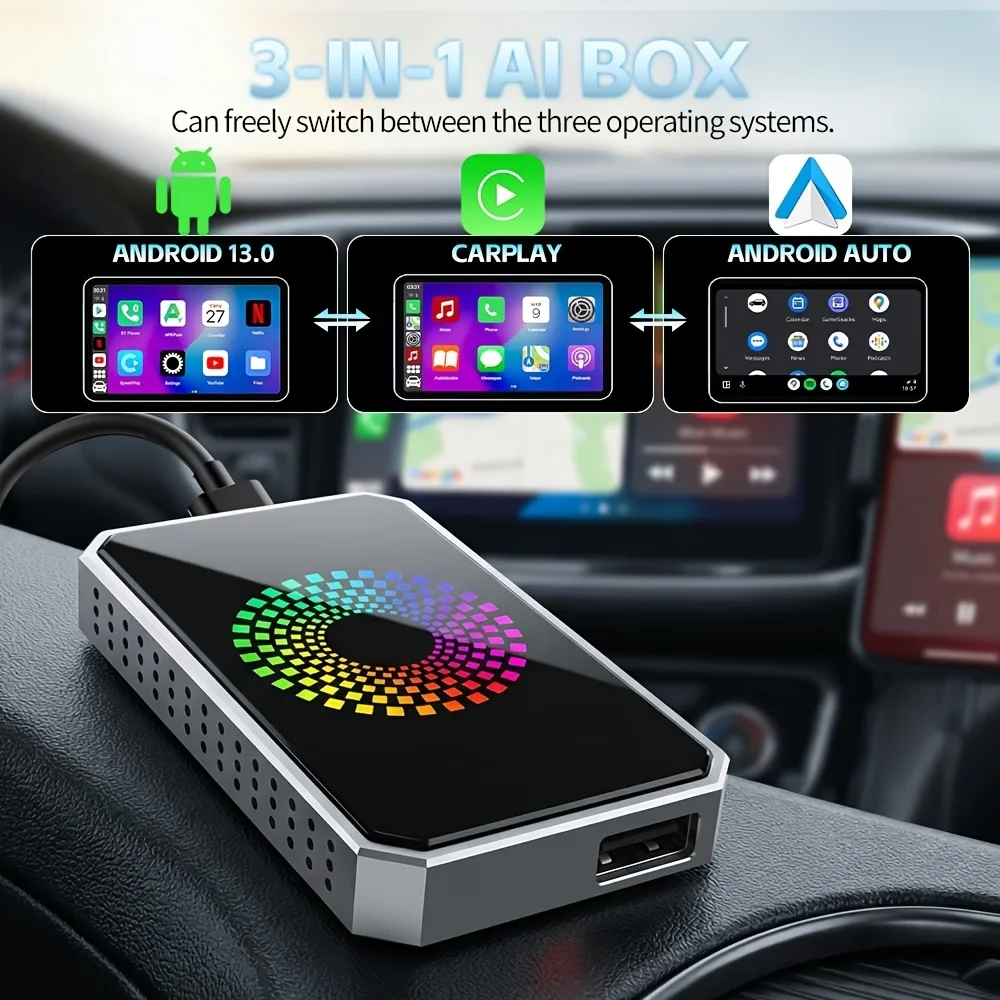 3‑in‑1 Wireless CarPlay & Android Auto Adapter, Magic Box Car Play Dongle with Mirror Link, Support Netflix YouTube Video Apps, USB Drive, OTA Update, for Factory Wired CarPlay Cars
