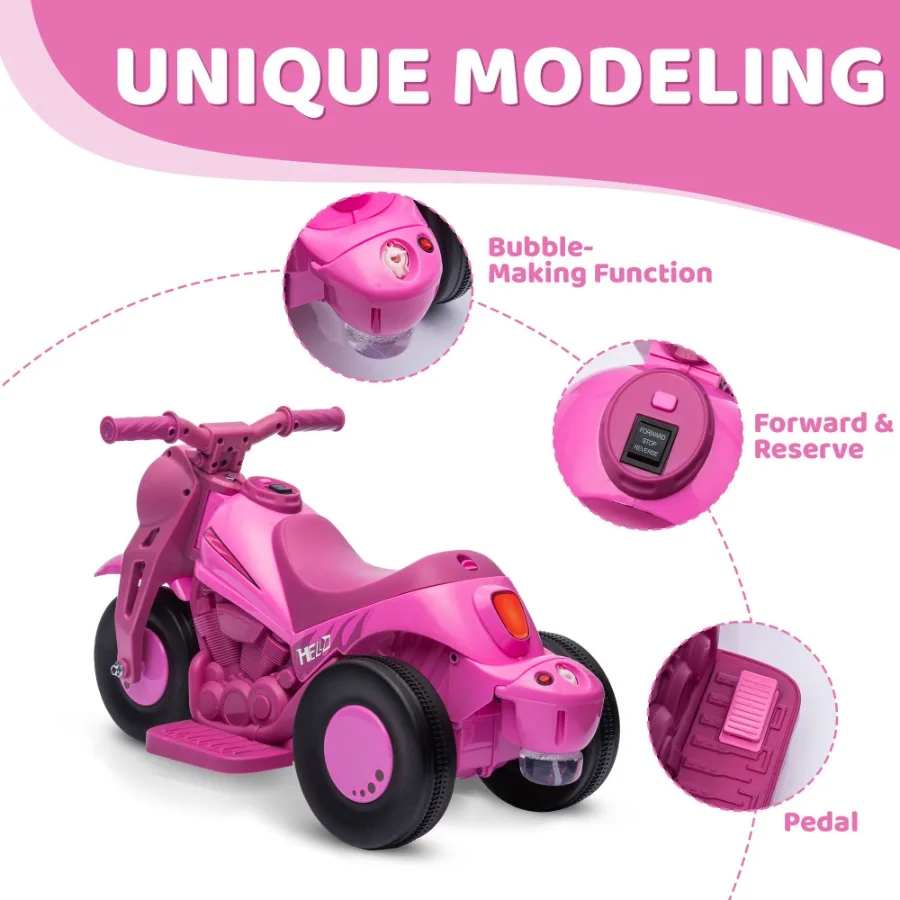 Qaba Ride on Bubble Car 6V Motorcycle 3 Wheeled 2 MPH Electric Motorbike for Toddler with LED light Music Forward Reserve Pink