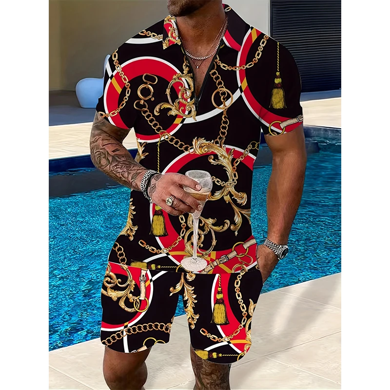 Summer Casual Breathable Suit Men\'s Sports Printed Chain Pattern Oversized Men\'s Suit Loose Top Y2k Style Shirt Short Sleeves