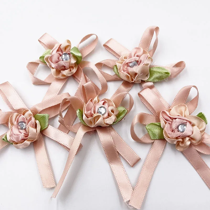 10Pcs satin ribbon flowers bow w/leaf stone wedding sewing appliques DIY B122