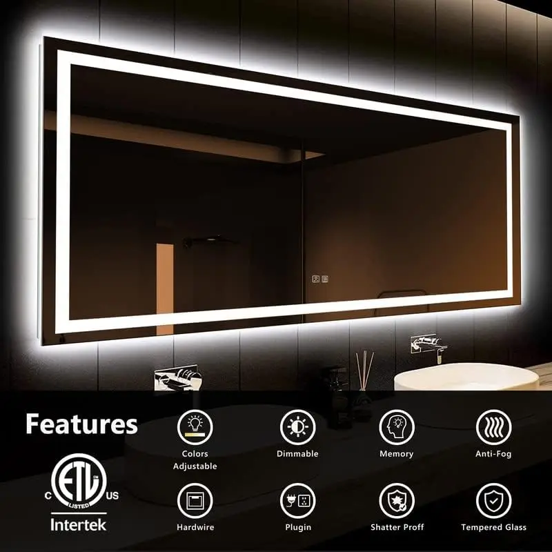 55 x 36 Inches LED Bathroom Mirror with Front and Backlit,Anti-Fog,3 Colors and Dimmable Light(Horizontal/Vertical), Sil