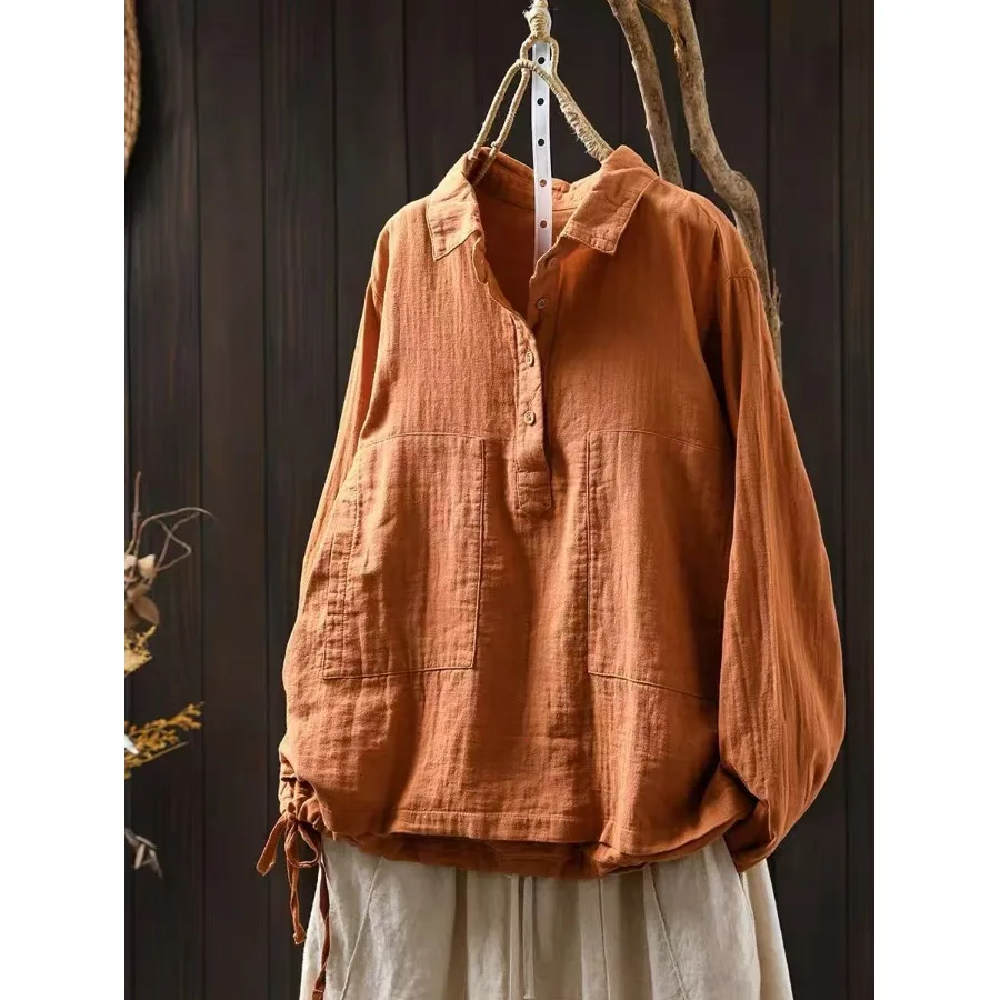 

Retro Double Layer Cotton Long Sve Ne T-irt Loose Casual Dstring Bot Spring Autumn Anti-aging Top