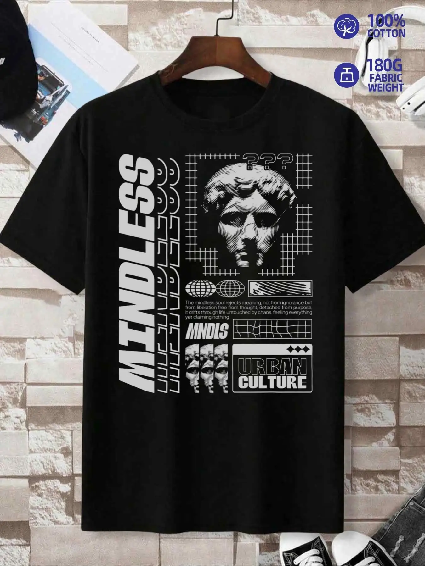 Mindless Culture Men's 180g Heavyweight 100% Cotton T-Shirt - Urban Streetwear Y2K New York City Print with Greek/Roman Columns & Iconic Landmarks, Loose Fit Casual Tee for Gym, Casual Attire & Urban Style (Black)
