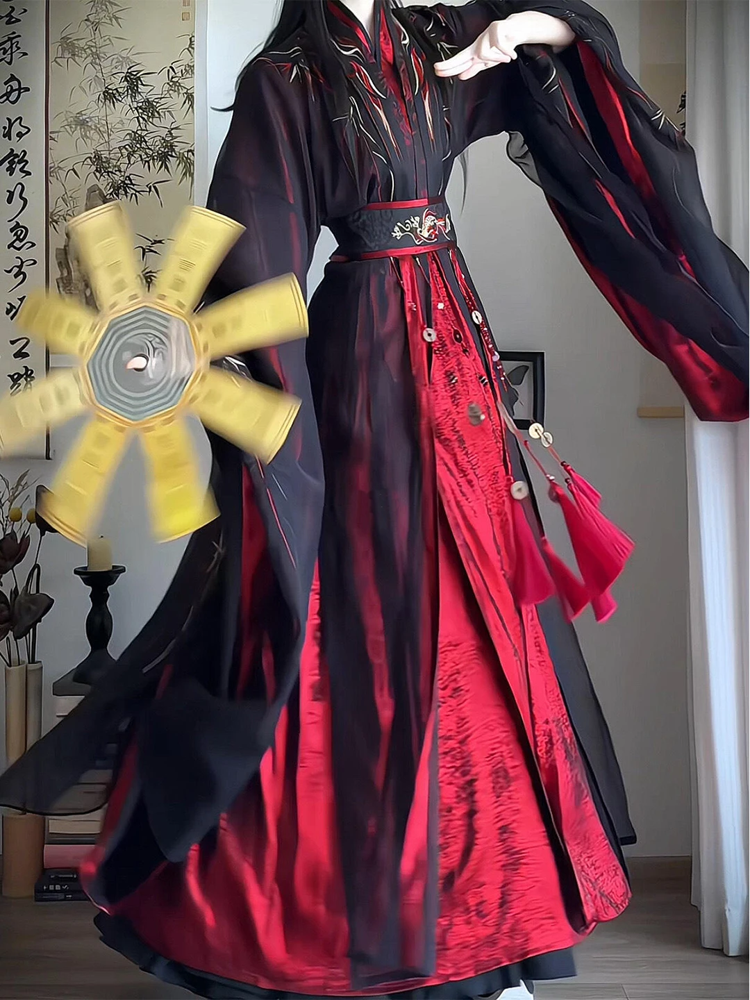 Red Black Heavy Embroidery Hanfu Long Shirt Sleeveless Waist Seal Set Unisex Fairy Style Traditional Chinese Costume
