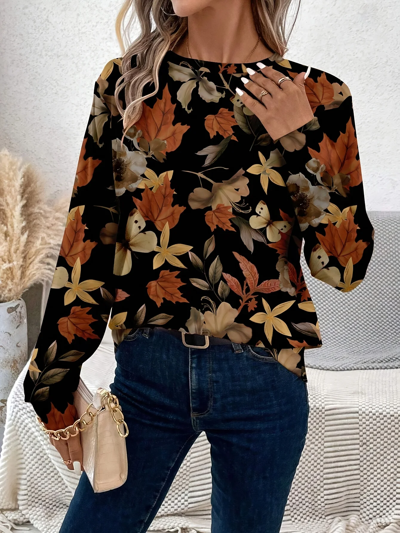 Atasan lengan panjang crewneck bermotif seluruh tubuh baru musim semi dan musim gugur lintas batas Eropa dan Amerika Ukuran Plus