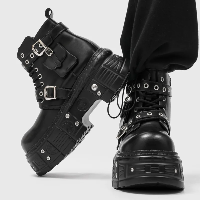 mens fashion punk rock platform boots black designer shoes cowboy natural leather boot spring autumn handsome ankle botas hombre - view 3