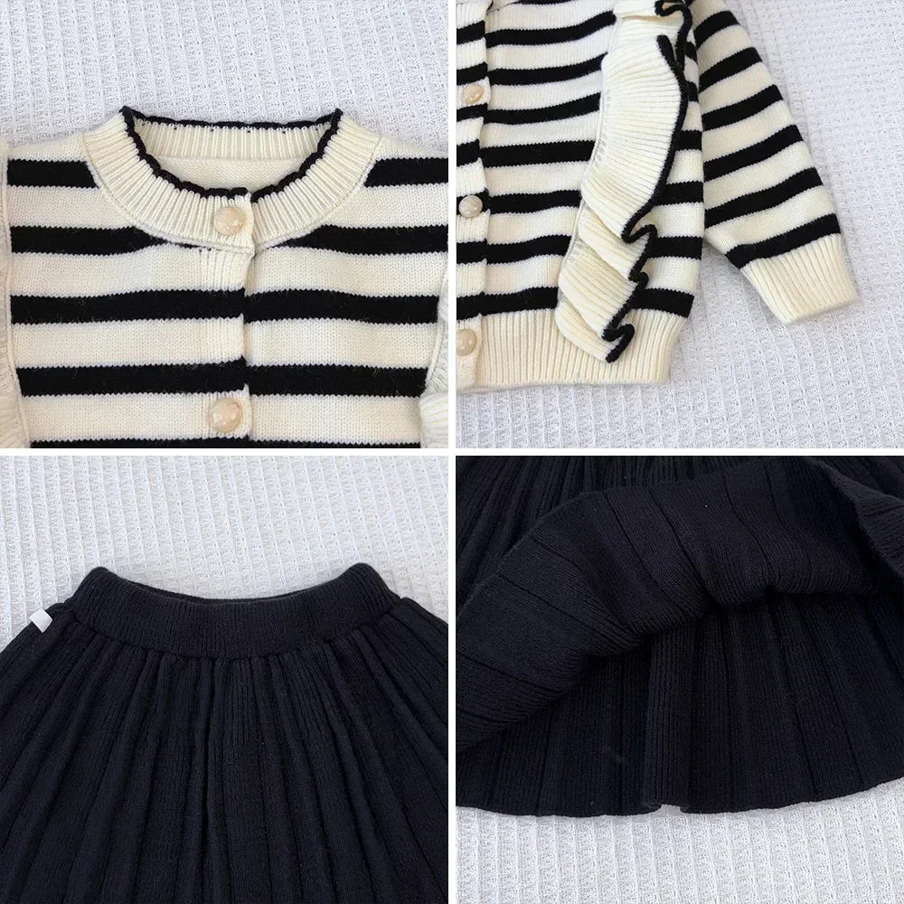 Children\'s Clothing Daily Striped Black Fungus Edge Knitted Cardigan+Solid Color Short Skirt Two-piece Sets Kids Clothes Girls