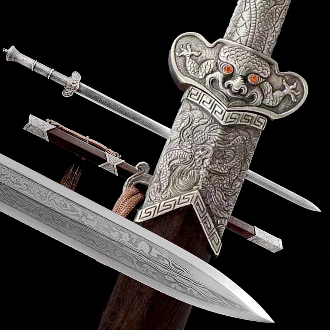 

Copper Handle Dragon KungFu Battle Jian Chinese Han Dynasty Double Edge Sword Damascus Folded Steel Blade Ebony Wood Sheath