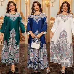 Muslim fashion dress printed positioning flower hot diamond cross-border women's dress Middle Eastern robe