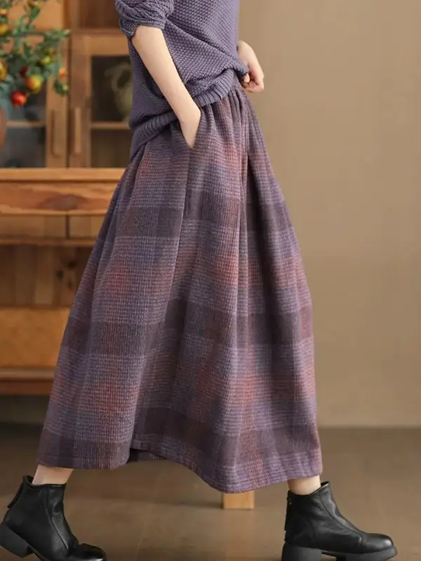 Women Retro Plaid Woolen Skirts 2026 Winter Elastic High Waist Thick A-line Skirts Female Long Pockets Warm Skirt U562
