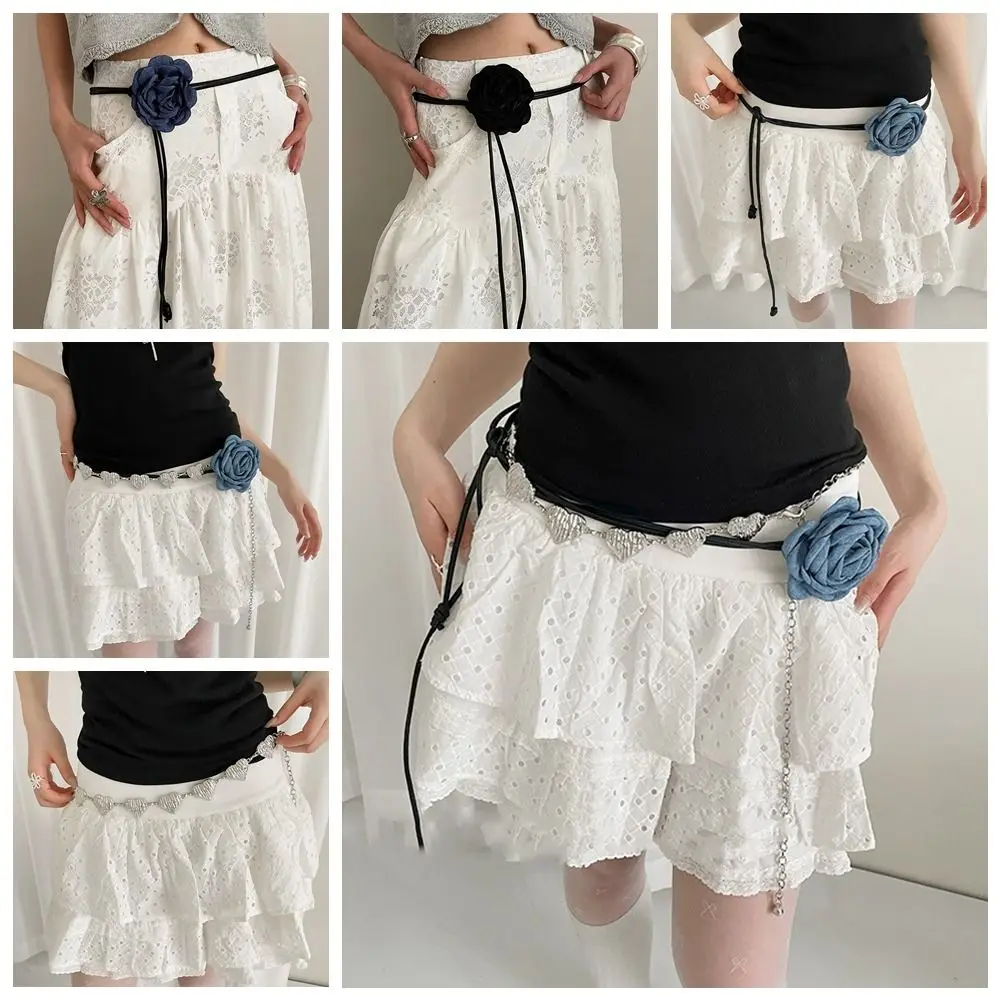 

Vintage Chiffon Floral Waist Belt French Style Wax Line Denim Blue Rose Belt Skirt Dress Decoration Retro Heart Waistband