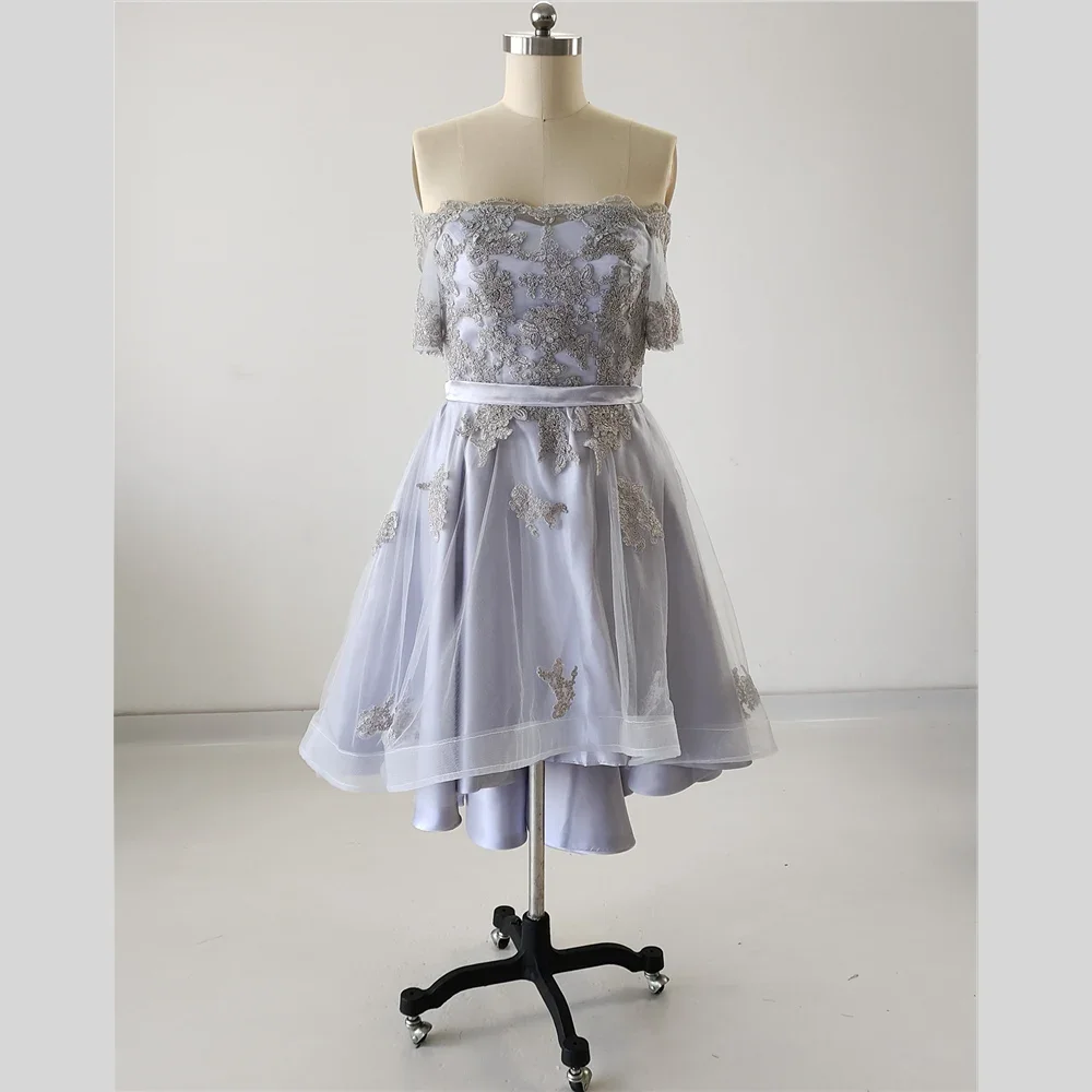 Real Photo Prom Gowns Gray Lace Tulle Boat Neck Short Sleeve Off The Shoulder Lace High/Low Tea Length Women Party Formal Dress