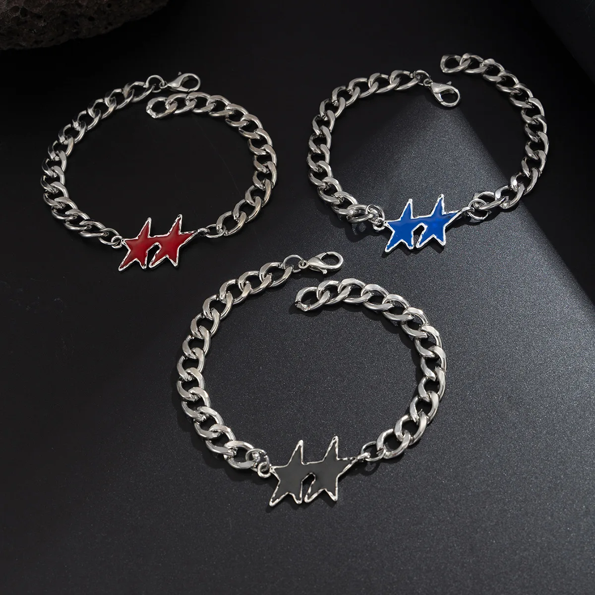 Colorful Five Pointed Star Cuban Bracelet Hip Hop Stainless Steel Punk Trendy Jewelry for Men Casual Wear