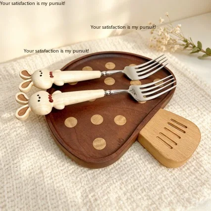 Creative Wooden Handle Lop-Ear Rabbit Spoon Stainless Steel Kids Tableware For Dessert And Daily Meals