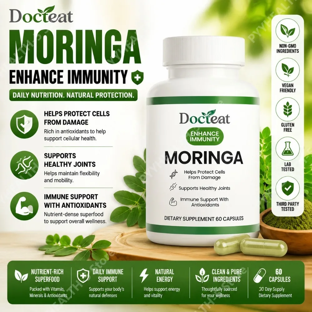 Cápsulas de Moringa para Articulaciones Saludables con Extracto de Cúrcuma, Gluconato de Zinc, Citrato de Magnesio, 60 Cápsulas, Fáciles de Tomar