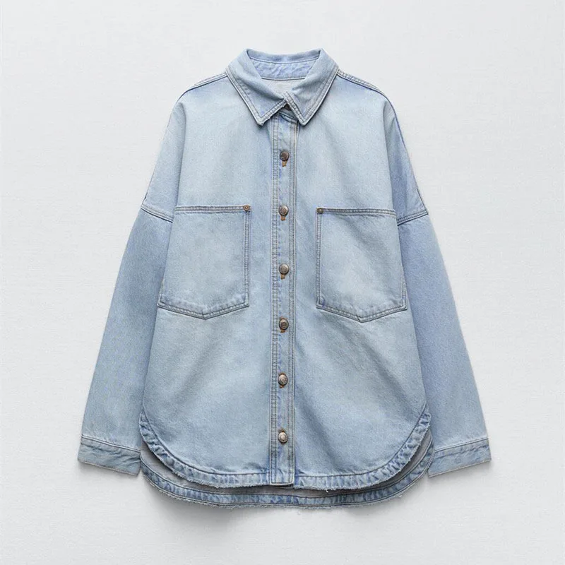 Women's Oversized Denim Shirt Jean Jacket Casual Light Blue  Long White  With Pocket Autumn All-Match Outwear Coats