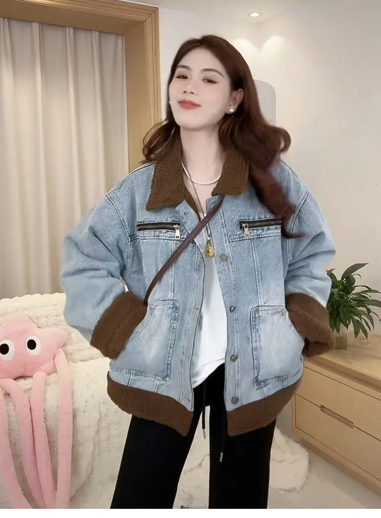 Abrigo vaquero butciones piel felpa mujer invierno algodón acolchado acampanado minimalismo urbano reunión Social cuello alto botón a presión con capucha