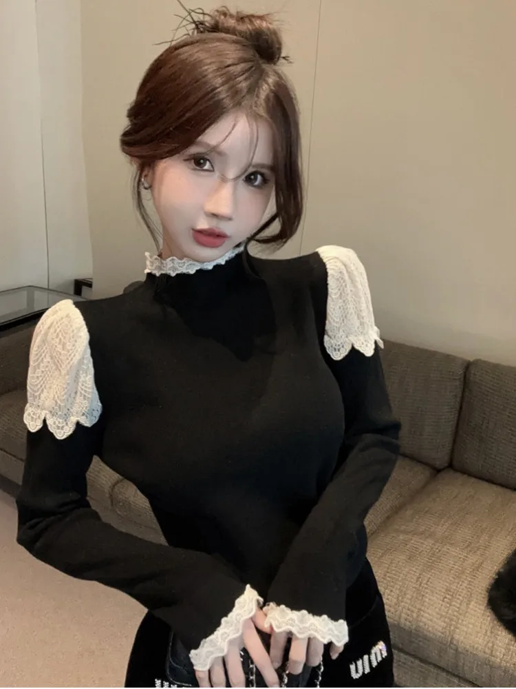 

Korean Style Slim Fit Cashmere Knitwear Half High Collar Lace Patchwork Base Layer Sweater for Women Autumn Season