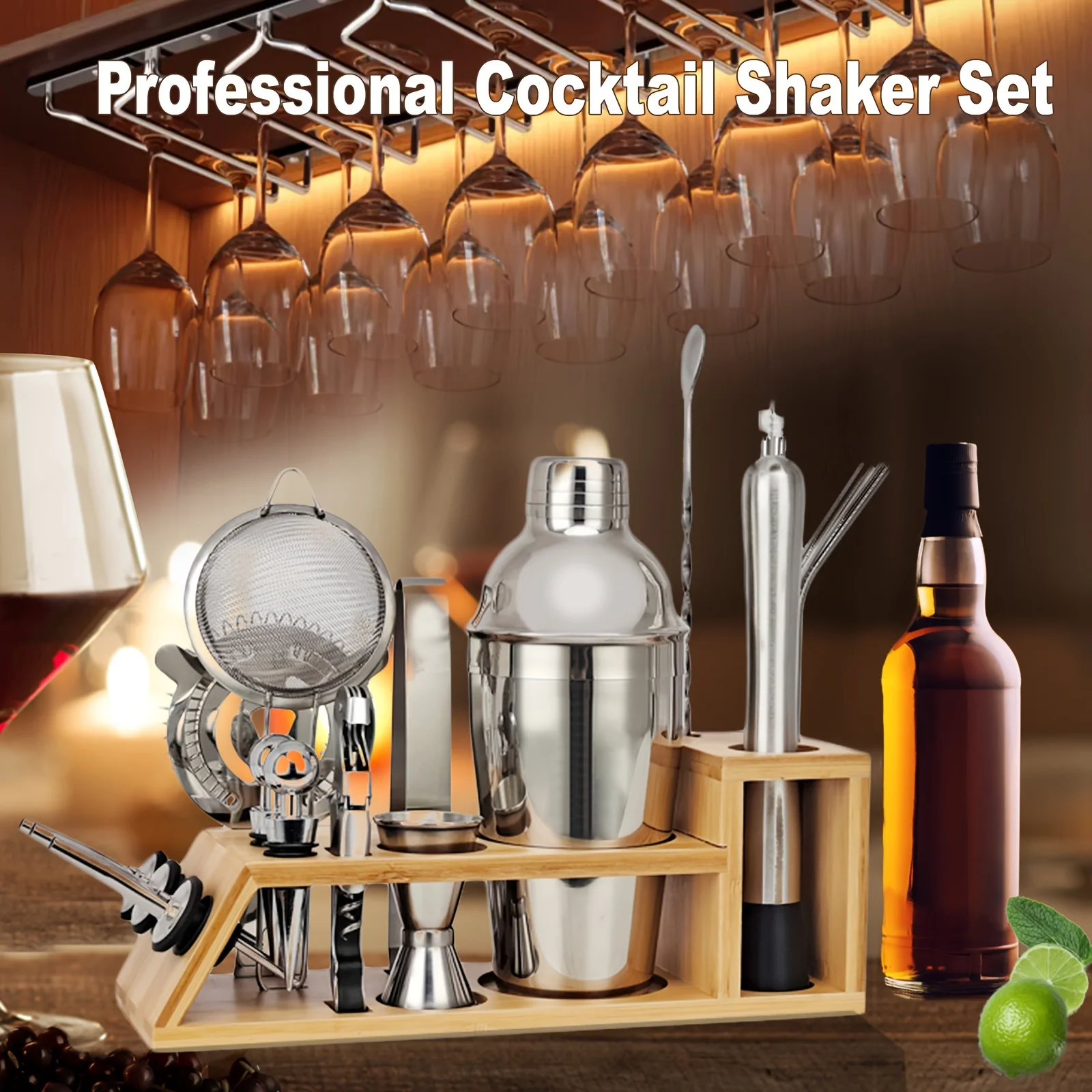 21 Piece 750ML Cocktail Shaker Bartender Kit with Bamboo Stand& Velvet Bag,Professional Bar Tool Set for Home,Bar, Drink Mixing