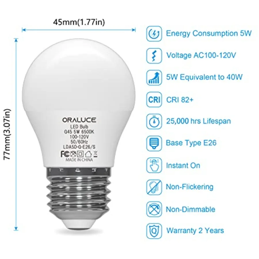 A15 LED Bulb 5 Watts 6500K, 40W Equivalent Table Lamp Bulb, E26 Standard Screw Base G45 Shape Small Light Bulbs for House Light