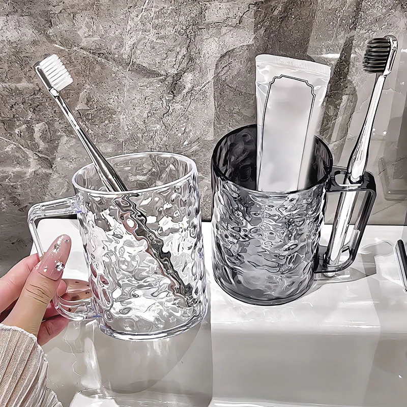 Transparent Light Luxury Water Ripple Toothbrush Cup With Handle Family Couple Toothbrush Cup Bathroom Storage Shelves