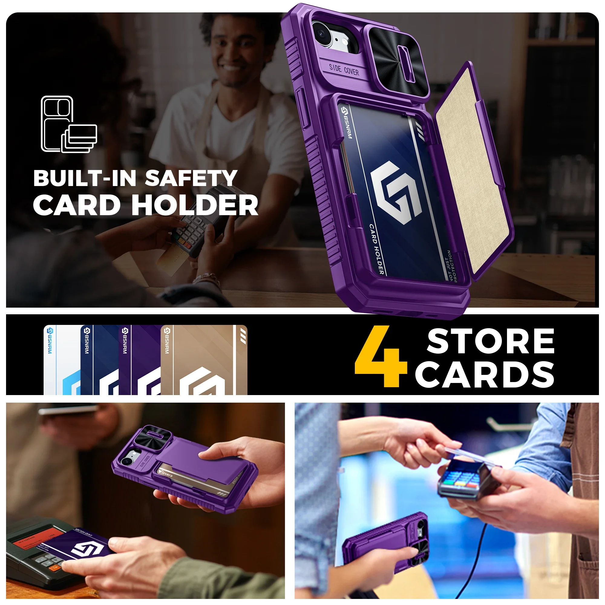 هدايا الهالوين، حامل بطاقات محفظة RFID، غطاء كاميرا، جراب هاتف واقٍ متين مقاوم للصدمات لهاتف iPhone 16 E-Purple