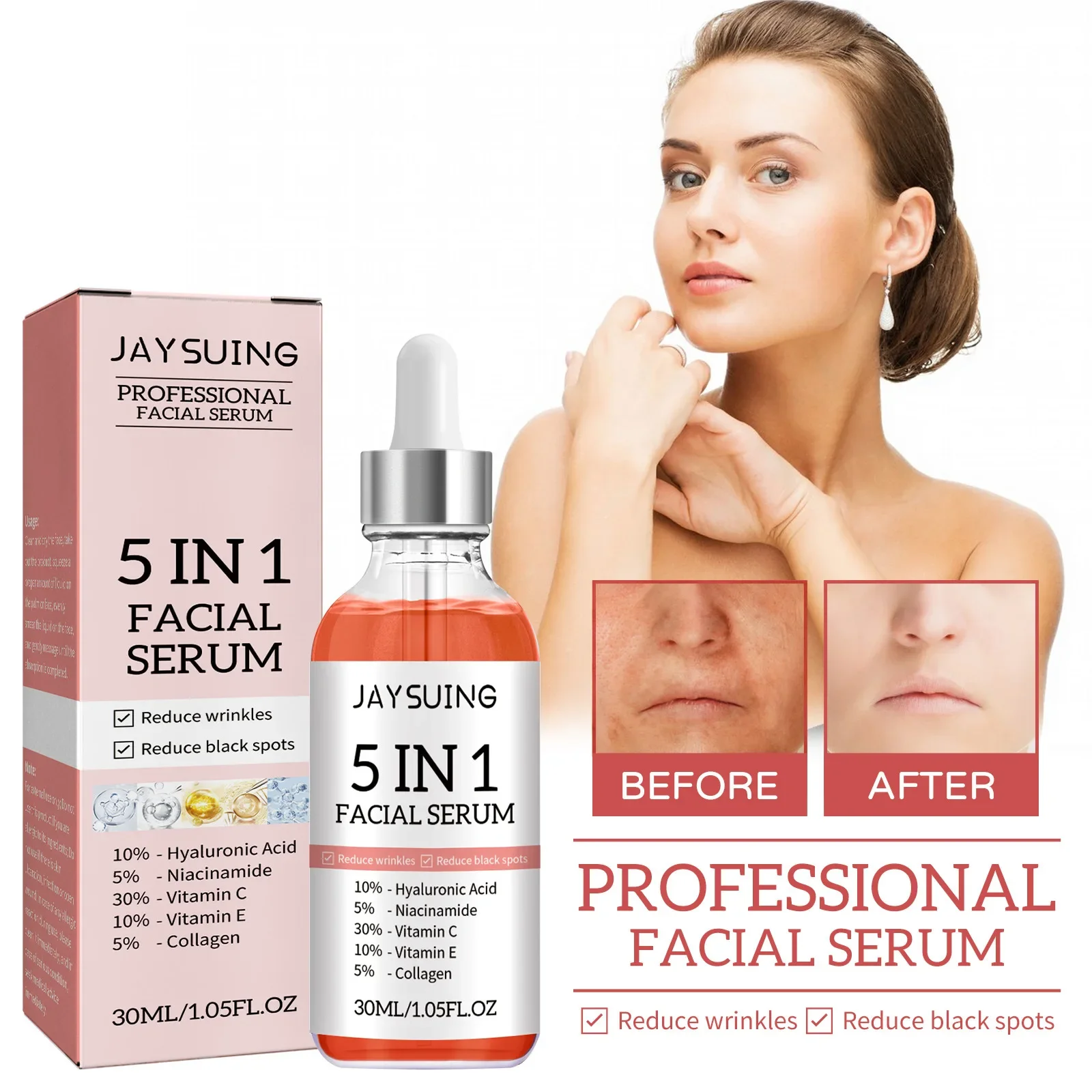 

5 in 1 facial essence moisturizes skin resists wrinkles tightens skin lightens spots acne nourishes and beautifies