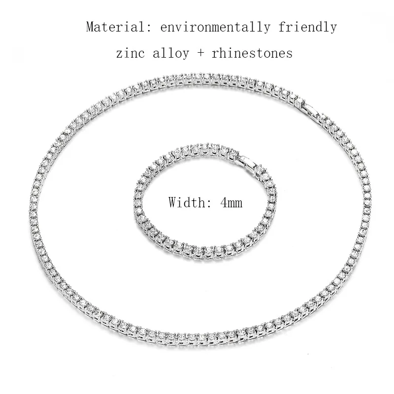 Hip Hop Iced Out Tennis Bracelet Necklace Men 4mm Tennis Chain Fashion Gold Color Jewelry Women Link 18/20inch Choker Wholesale