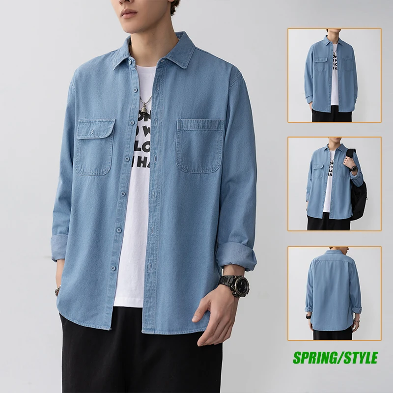 

Male New Arrived Washed Denim Shirts Male Spring and Summer Long Sleeved Casual Shirt Jacket Men's Top Basic Style Denim Shirts