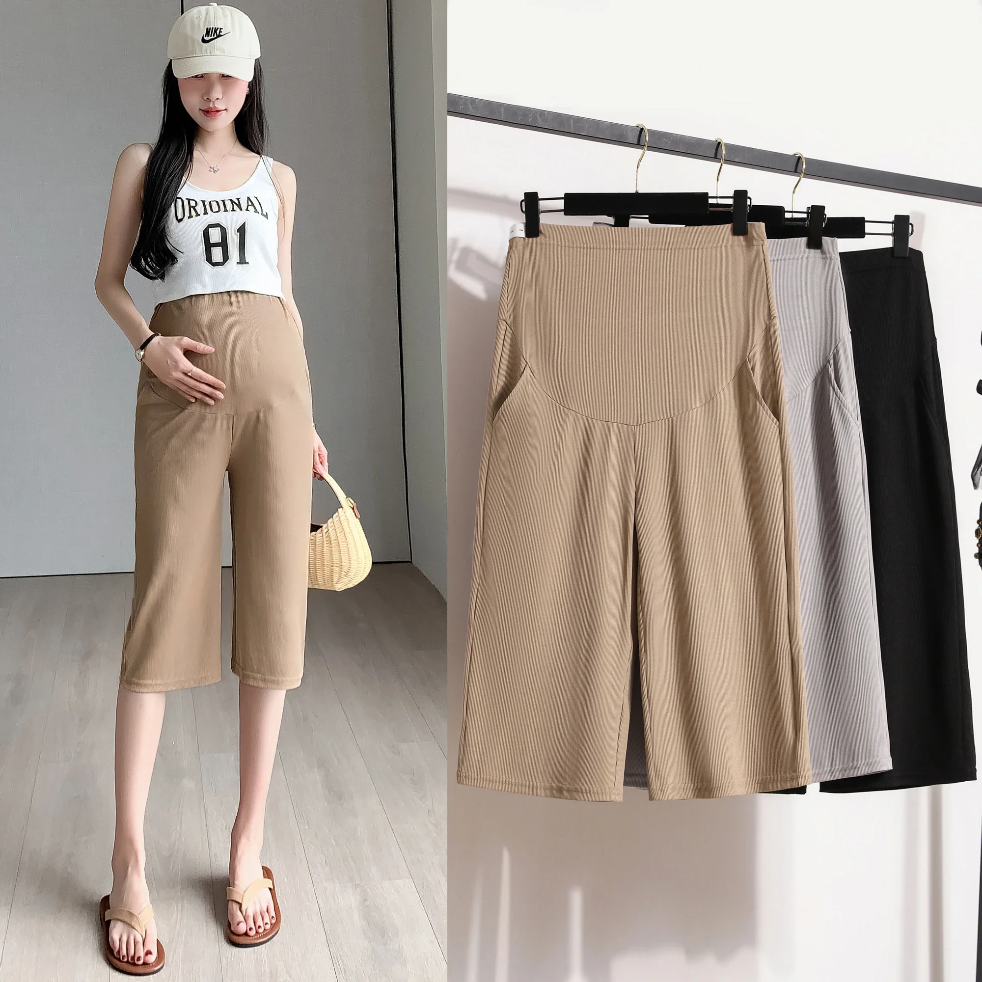 

Woman Capris Wide Legs Pregnancy Straight Trousers 2025 Summer Maternity Belly Pants with Pockets Mid-calf Fashion Pregnant