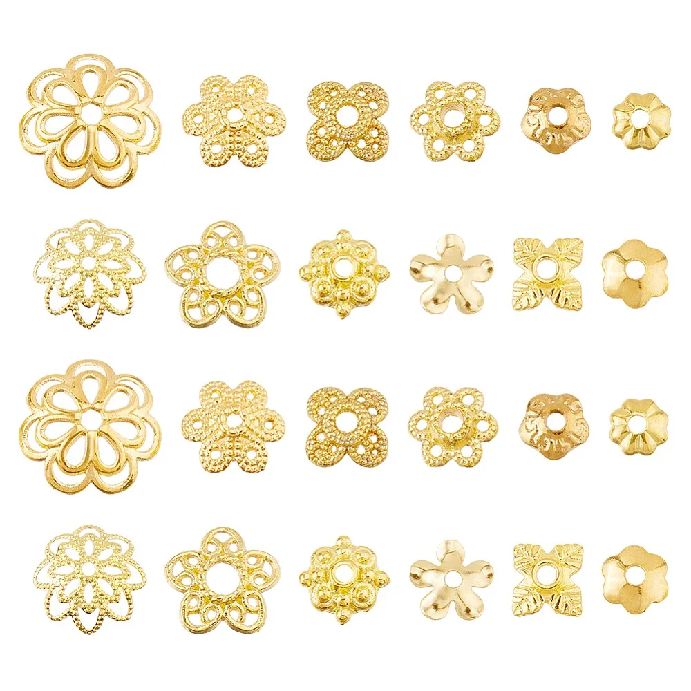 

360Pcs 12 Styles 304 Stainless Steel Alloy Brass Bead Caps Golden 3.5~14x3.5~14x1~4mm Hole: 1~3mm 30pcs/style