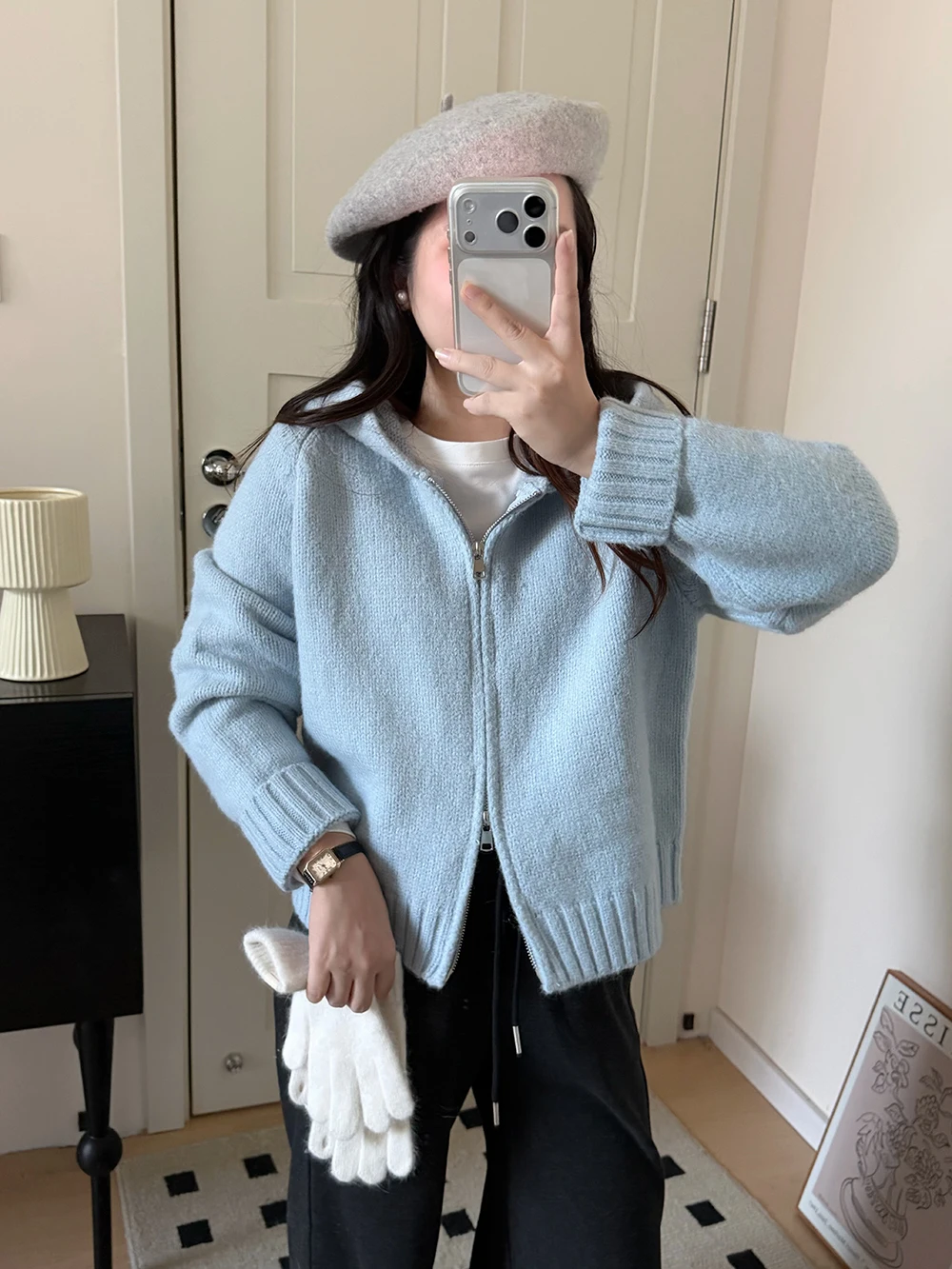 

Свободный синий вязаный кардиган Sweet Sle с двойной молнией и капюшоном для женщин: повседневный, удобный, дышащий, утепленный, осенний