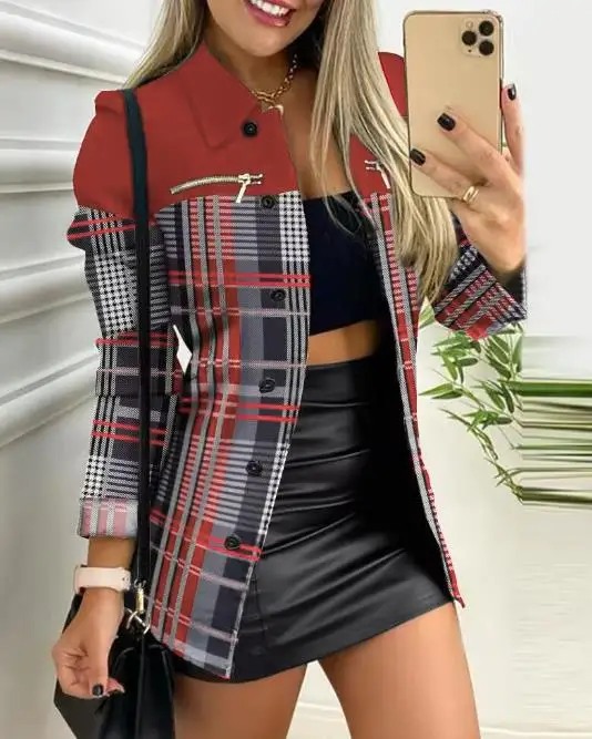 

New Fashion Hot Selling Women's 2023 Casual Long Sleeve Zipper Color Block Printing High End Temperament Commuter Small Coat