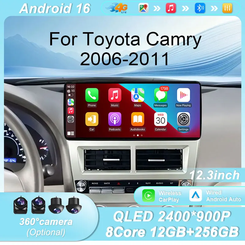 For Toyota Camry 2006‑2011 GPS Navi Player 12.3 inch IPS Touch Screen CarPlay Android Auto Bluetoot DSP WiFi Autoradio Head Unit