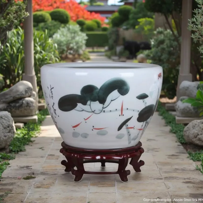 Jingdezhen hand-painted ceramic fish tank with big turtle lotus Chinese home decoration floor vase