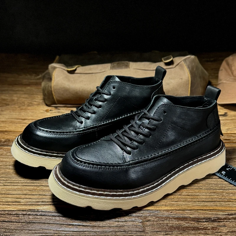 

High Quality Work Boots Men's Casual Thick Sole Retro Brown Genuine Leather Lace Up Platform Sport Boots Male High Top Shoes