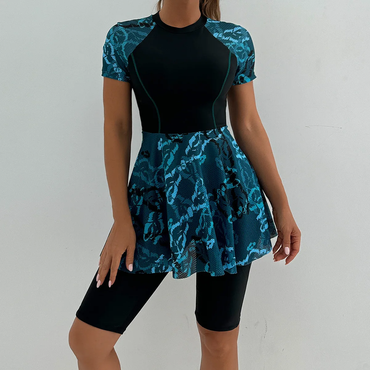 Women's Split Swimsuit, Conservative Sports Swimsuit, Short-sleeve Skirt, Printed Patchwork Surf Suit Brazilian  Swimwear