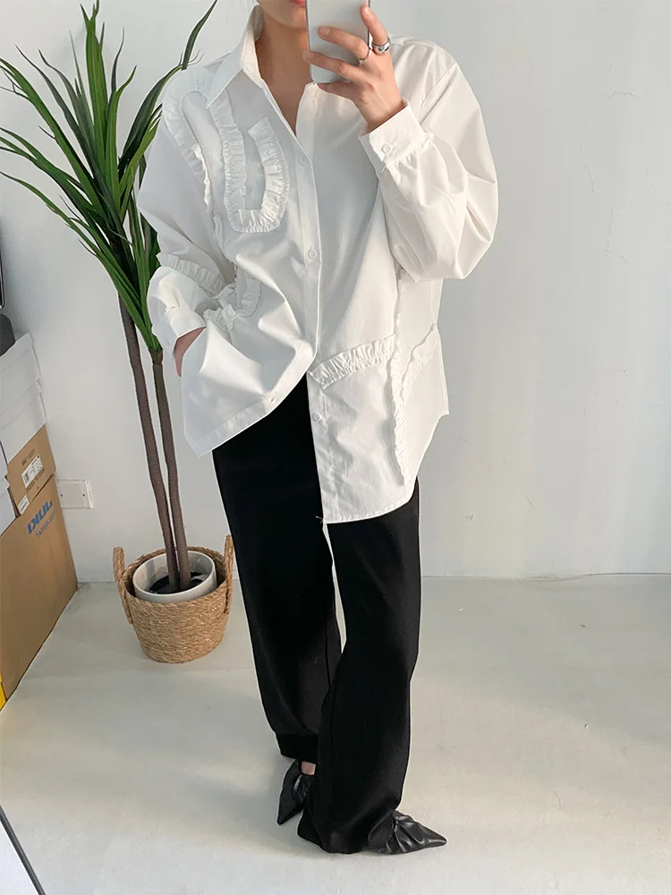 [EAM] Women White Ruffles Big Size Elegant Blouse New Lapel Long Sleeve Loose Fit Shirt Fashion Tide Spring Autumn 2023 1DF1474