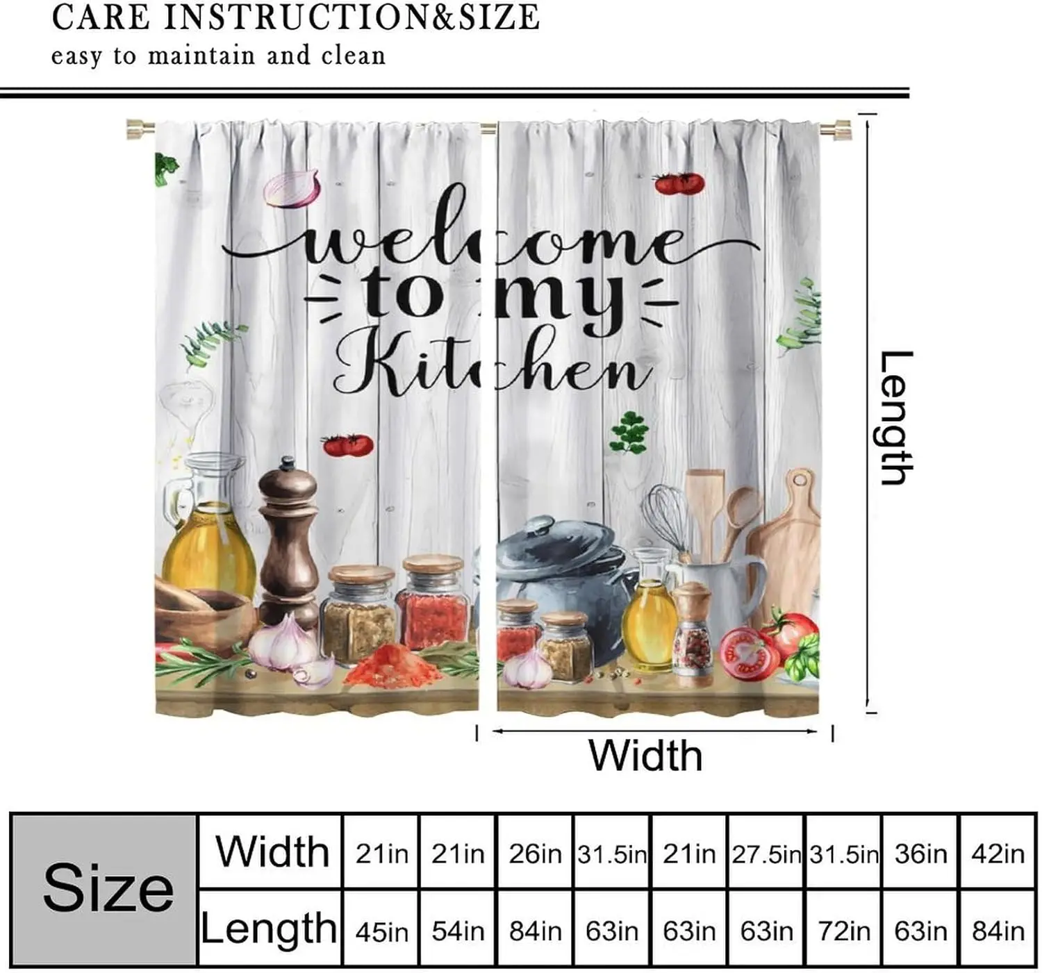 Rustic Kitchen Curtains, Farmhouse Watercolor Kitchenware Vegetable Fruit Bakery Utensil Window Drapes for Dining Room
