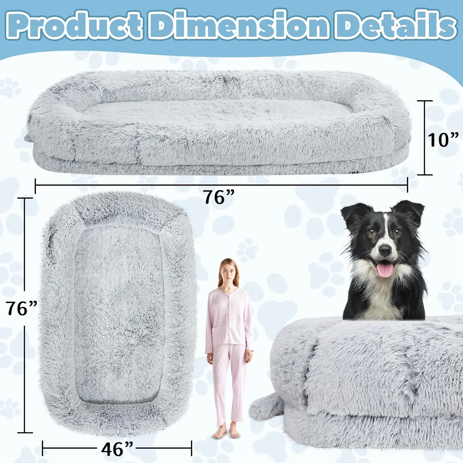 

Dog Bed for Adults, 40 x 10 x 71 Long Human Size Dog Bed, Removable Cover, Orthopedic Design, Light Grey