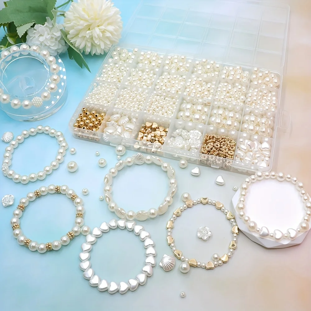 6-10mm Acrylic Round Bead Golden Heart and Various Perforated Decorative Bead Set Boxes, Can Be Used as Gift Bracelets for DIY