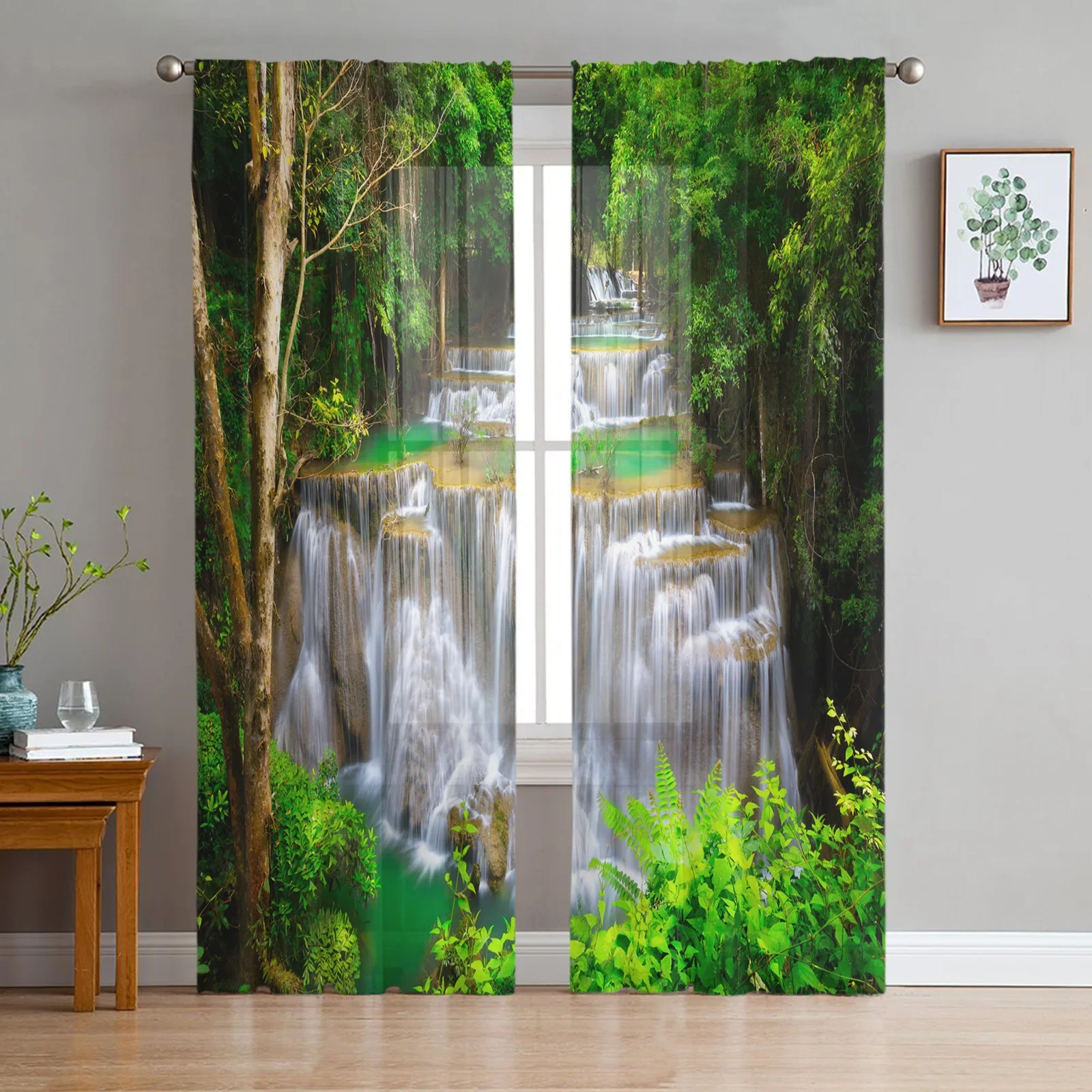 Waterfall Forest Nature Scenery Tropical Tulle Sheer Window Curtains for Living Room Bedroom Voile Organza Curtains Drapes