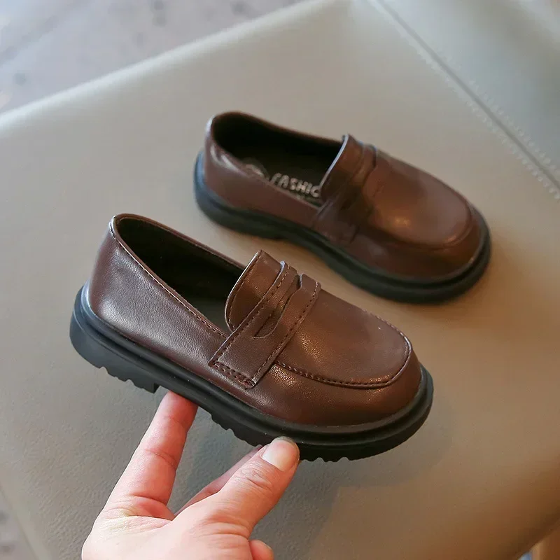 New 2024 Spring Autumn PU Leather Shoes Boys Girls Britain Style Black Brown Performance Shoes Children Slip-on Casual Loafers