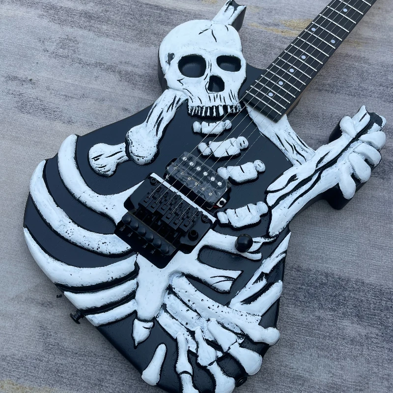 Black 3D Skull Skeleton Custom Shape Electric Guitar Dual Humbucker Pickups Floating Tremolo System Rock Guitar Free Shipping