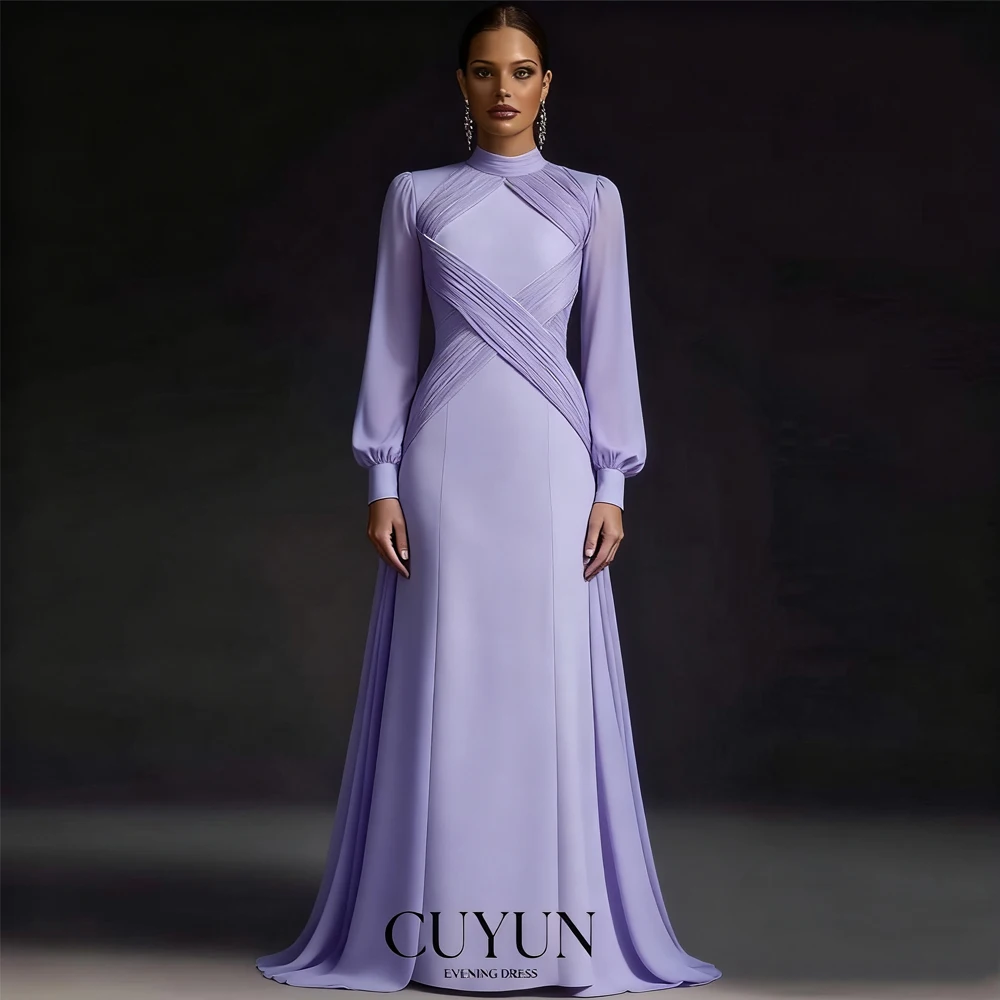 CUYUN 2025 ثوب مسائي نسائي فاخر بأكمام طويلة وياقة عالية فستان حفلات فساتين رسمية مخصصة لحفلات الزفاف