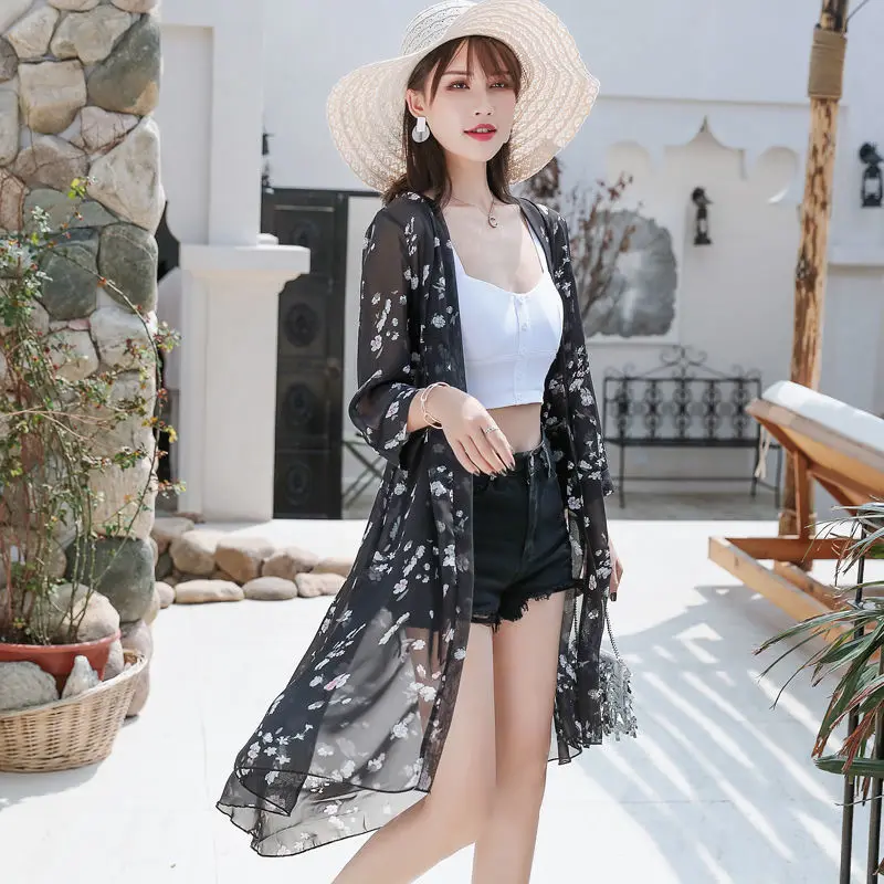 2024 New Sunscreen Clothing Women\'s Long Summer Shawl Thin Coat Chiffon Cardigan Beach UV Protection Coat Women\'s Coat E294