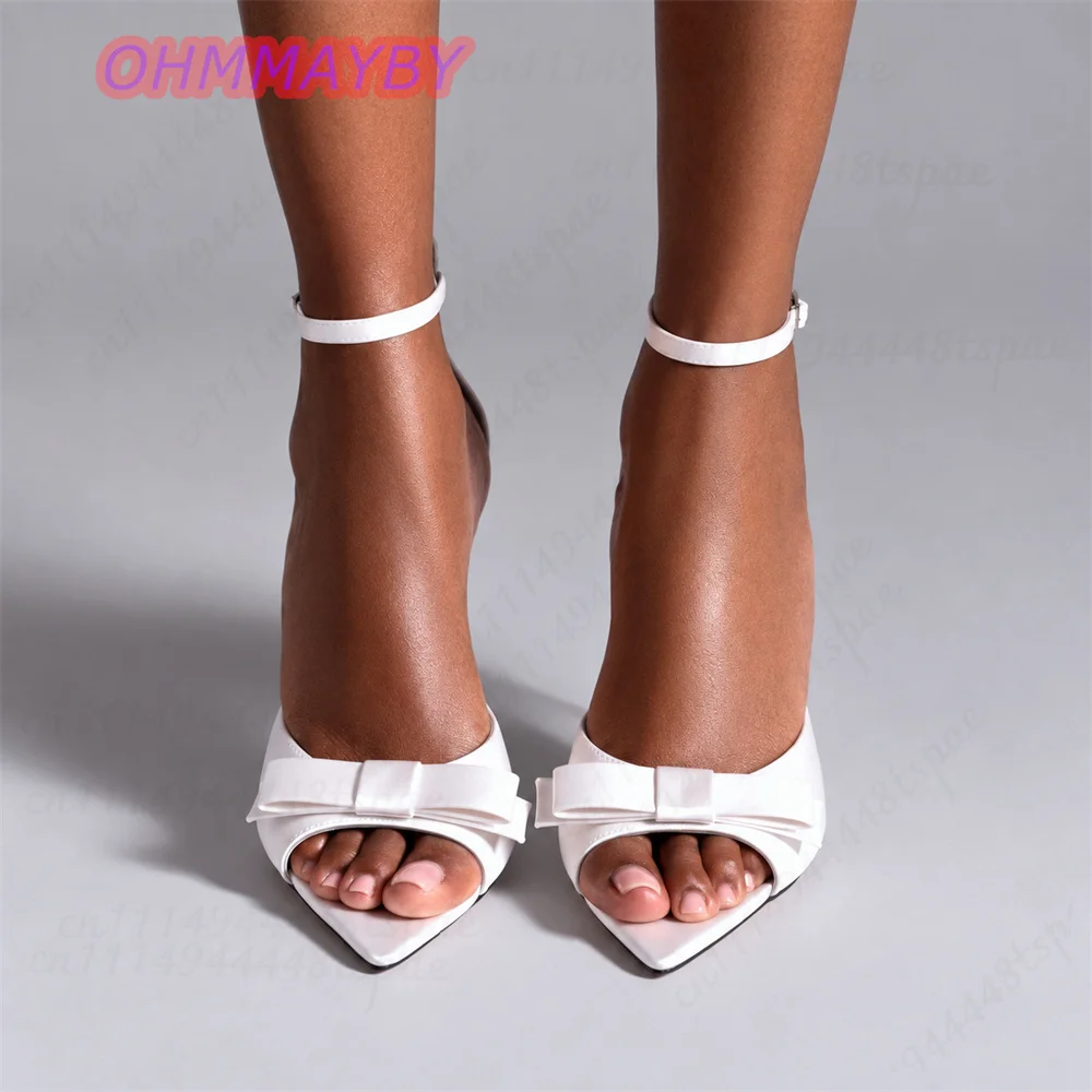 Women White Bow Pointed Toe Sandals Stiletto Heels Thin Ankle Strap Slingback Open Toe Satin Sexy Wedding Evening Bride Shoes 46 - view 6