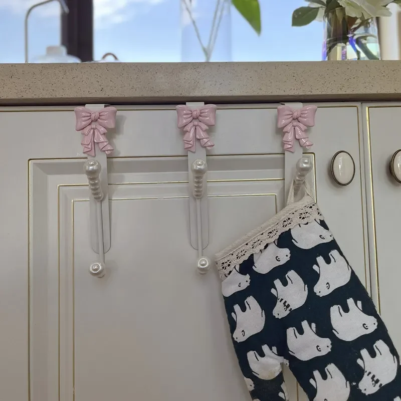 European Pink Bow Hook Door Back Type Non Perforated Hanging Clothes Rack Towel Storage Rack Entrance Door Jacket Metal Hook