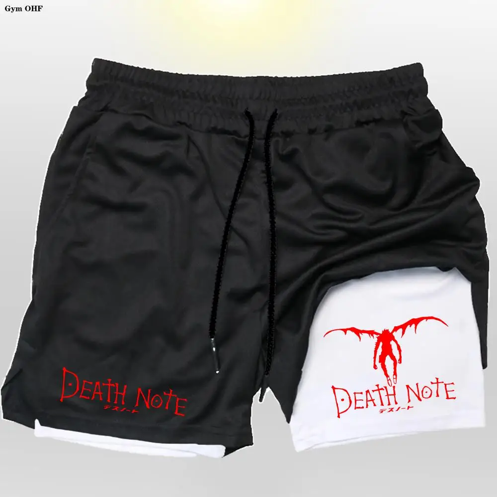 Męskie spodenki 2 w 1 dwupokładowe Anime Death Note szybkoschnący siłownia biegnący spodenki sportowe Fitness Jogging trening krótkie spodnie na